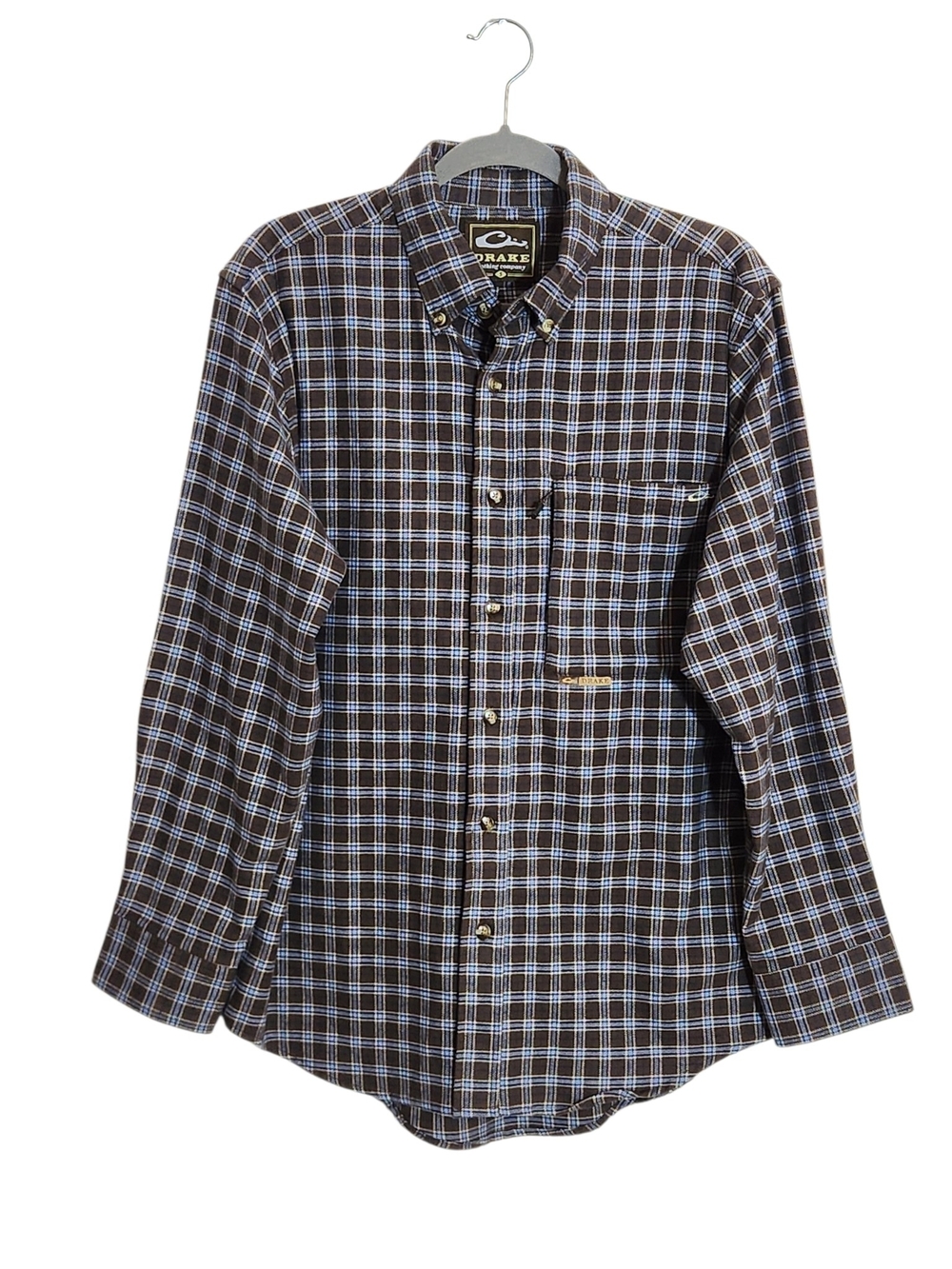 Drake Brown and Blue Plaid Flannel Button Down Shirt Size Small